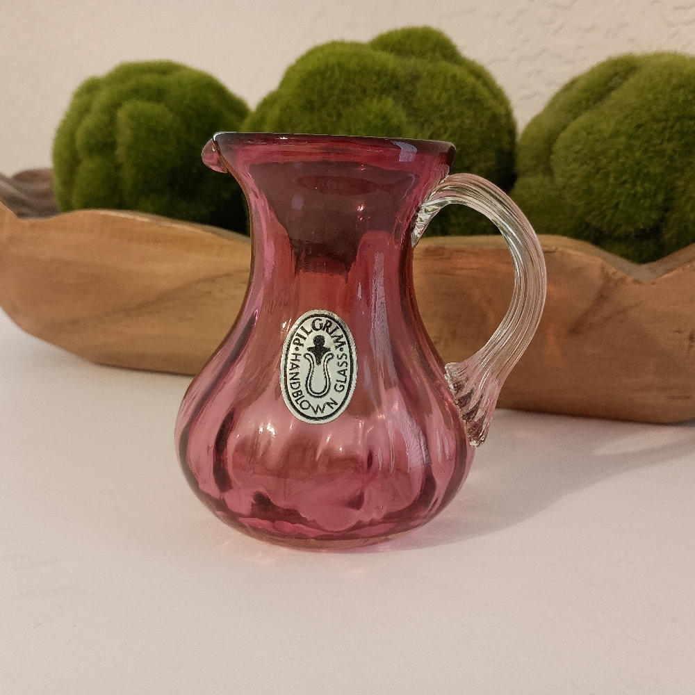 Vtg Pilgrim Glass Hand Blown Cranberry Optic Handle Creamer Mini Pitcher